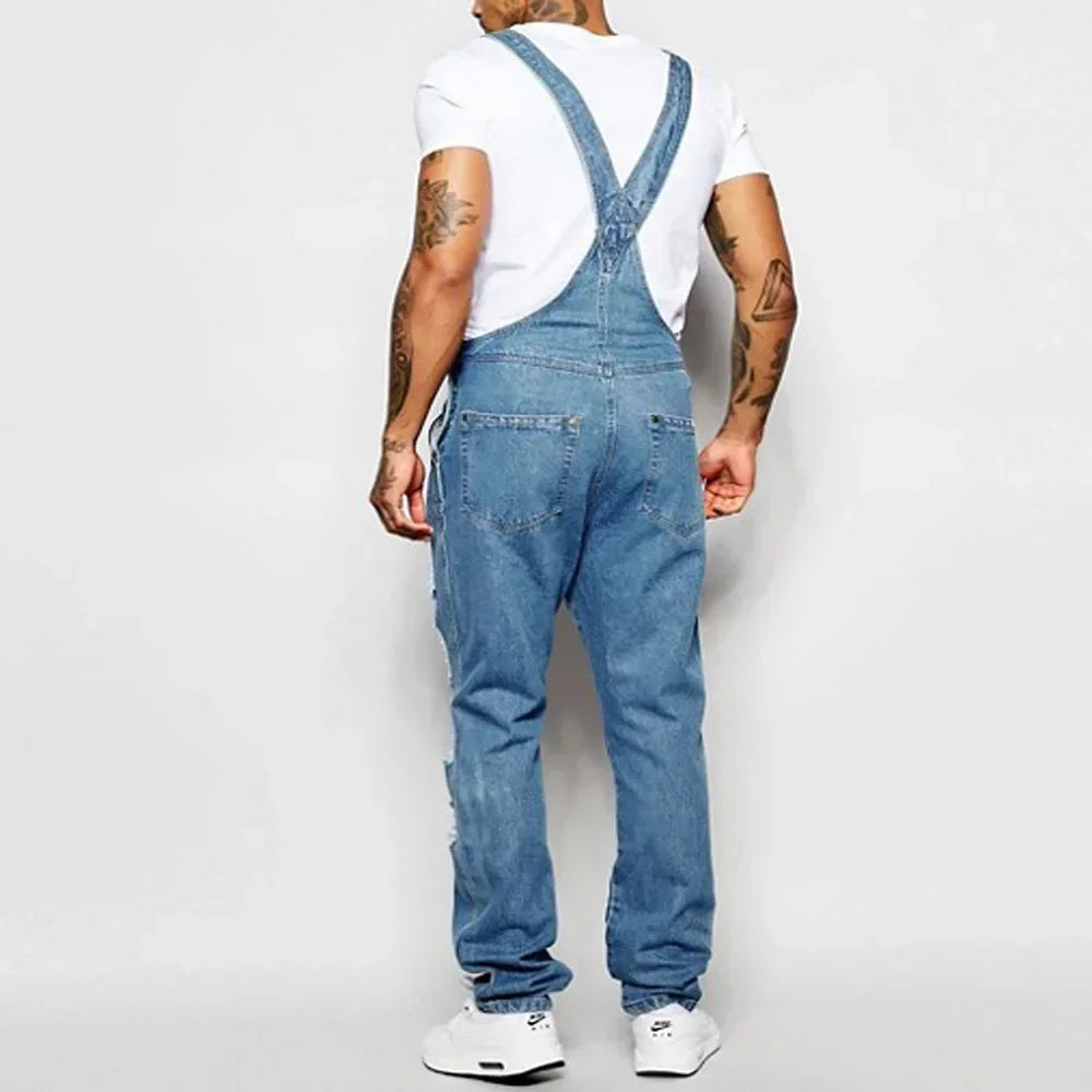 Men Jeans Denim Holes Pencil Pants Washing Overalls One Piece Jumpsuits Slim High Street Solid Casual Pockets Distressed rompers