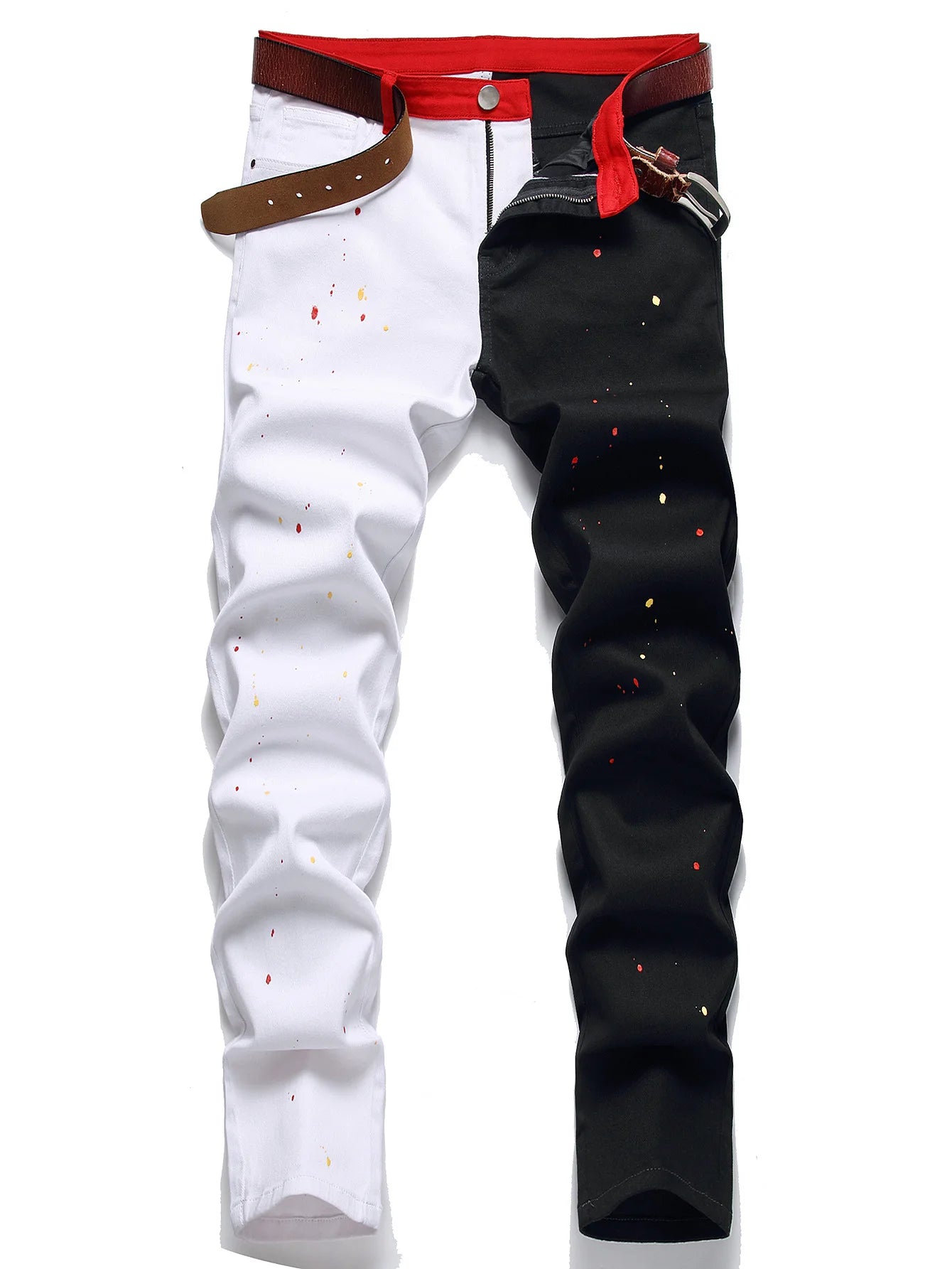 Two Colors Spliced Into Jeans Men's Fashion Casual Trousers and Shorts Red Green Yellow Denim Pants 28-38