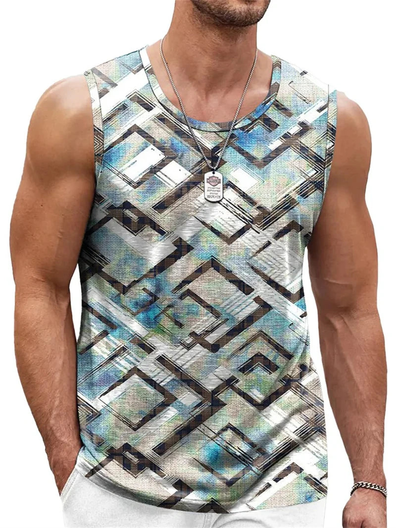 Mens Retro Geometric 3D Printed Tank Top Summer Casual Crew Neck Fashion Trend Sleeveless Vest Loose Breathable Sports Tops