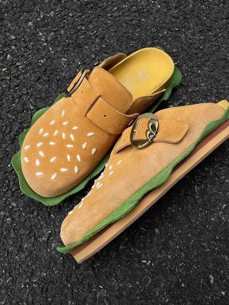 New Lazy Slippers Hamburger Sandals Lover Cute Cosplay Costumes Shoes Loafers Indoor Slippers Cow Suede Casual Comfort Men Women