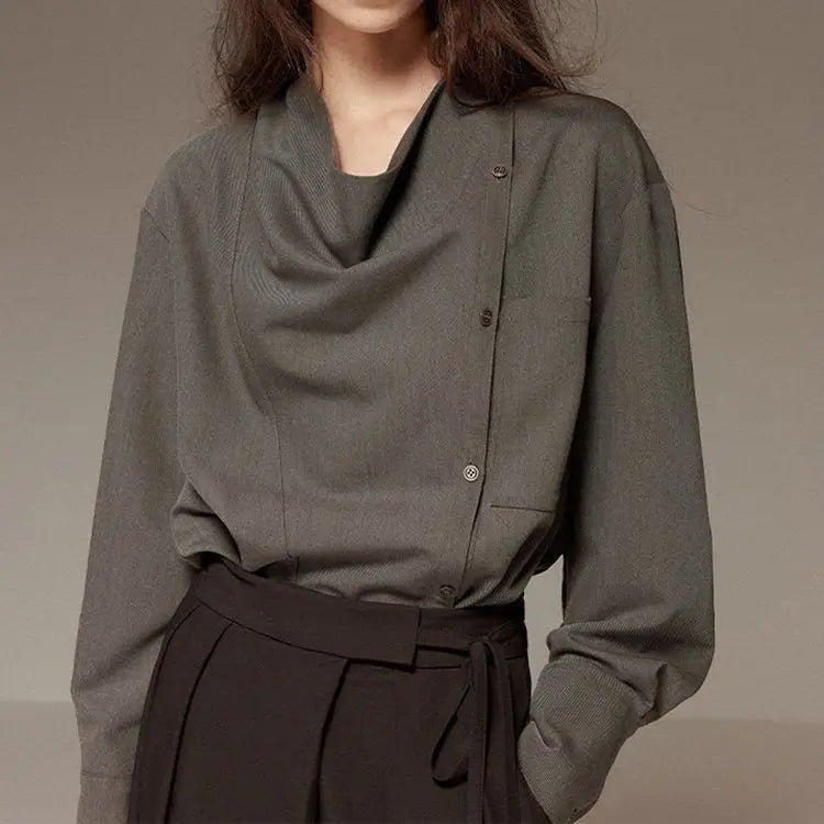 Premium gray drape shirt retro loose collar design long sleeve shirt bottoming shirt women's spring large size tide