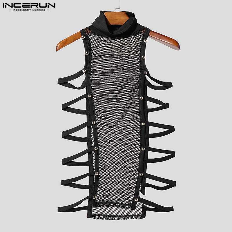 INCERUN Men Tank Tops Mesh Patchwork See Through Turtleneck Sleeveless Male Vests Streetwear Hollow Out Sexy Men Clothing Summer