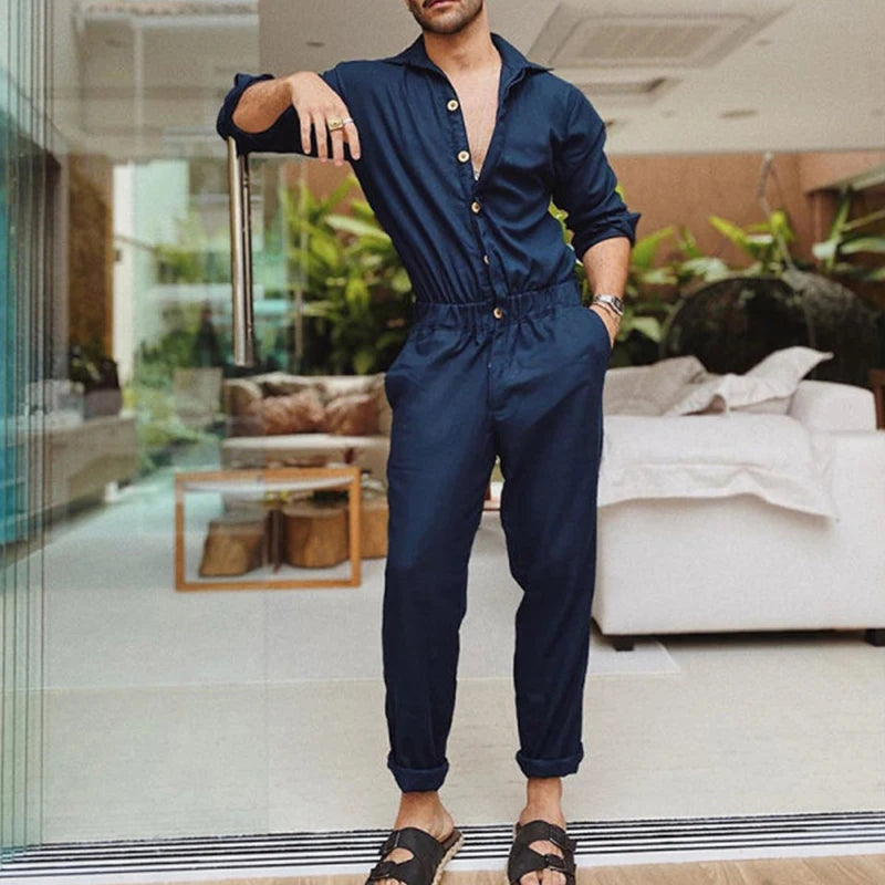 Men Solid Color Jumpsuit Playsuit  Buttons Casual Cargo Clothes Overalls Turn Down Collar Long Sleeve Oversized Waist Pants