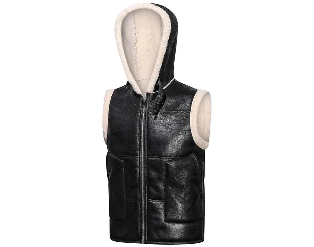 Winter Men's Fleece Warm PU Leather Vests Classical Men Faux Fur Motorcycle Leather Vests Men Windbreaker Hooded Vests Clothing