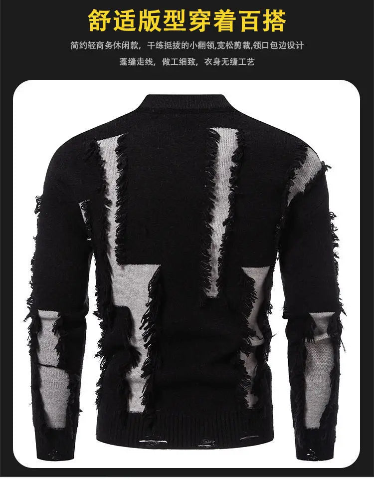 Fashion 2025 Autumn and Winter New Men's Sweater Color-blocked Ripped Round Neck Long Sleeve Base Shirt Knitted Sweater