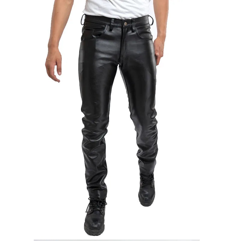 Men Leather Pants Slim PU Leather Trousers Fashion Elastic Motorcycle Leather Pants Waterproof Oil-Proof Male Bottoms