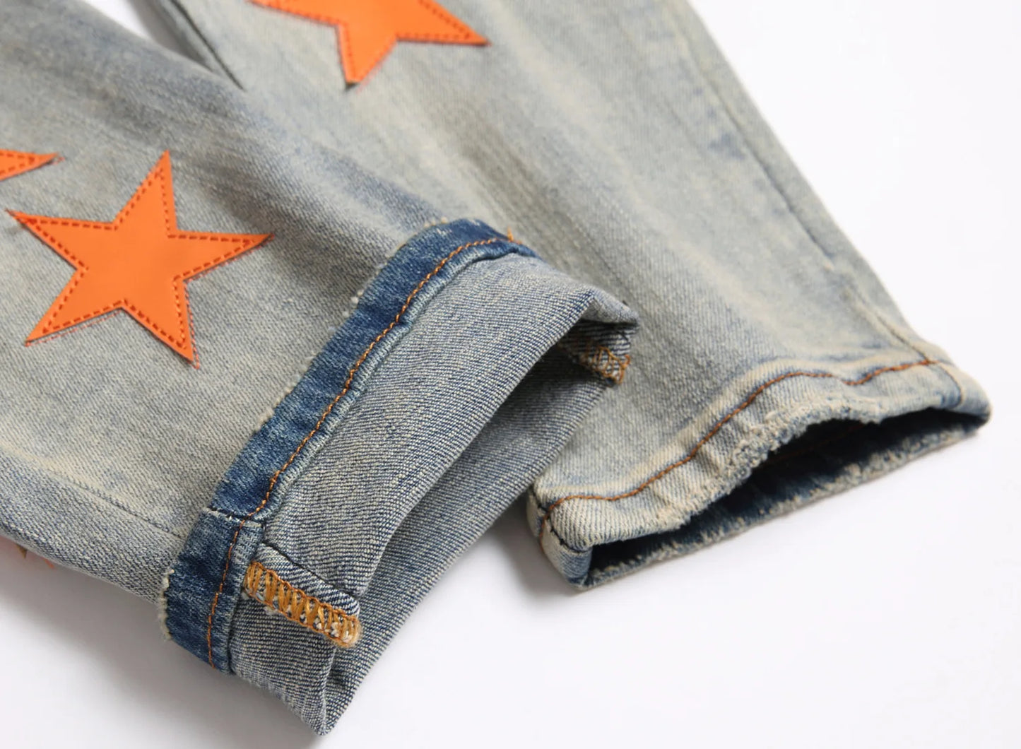 2023 Autumn New Fashion Men High Street Orange Star Embroidery Patch Jeans Men's Slim Fit Full Sky Star Denim Pants Jeans