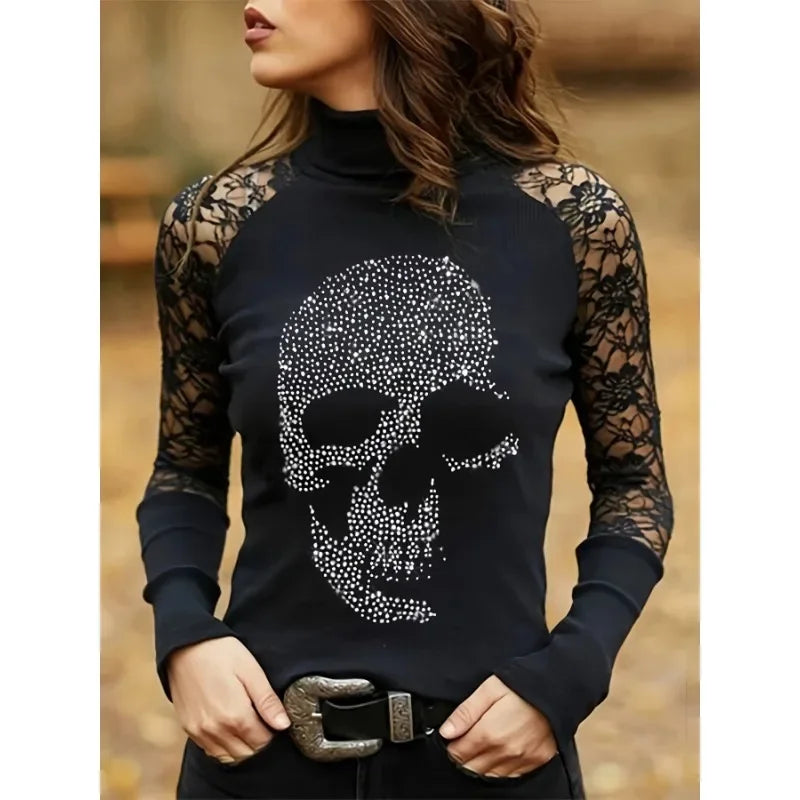 Zircon Skull Head Lace T-shirt Women Sexy Slim High Collar Long Sleeve Tee Female Gothic Black Tops