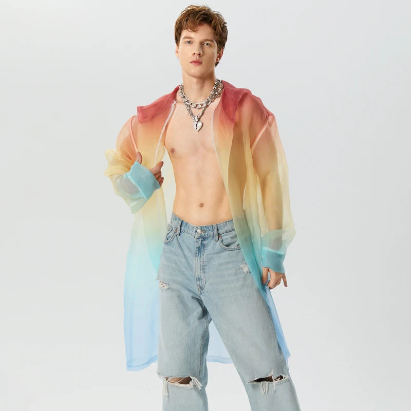 Men Trench Tie Dye Gradient Hooded Long Sleeve Transparent Open Stitch Casual Coats Streetwear Fashion Male Cardigan INCERU