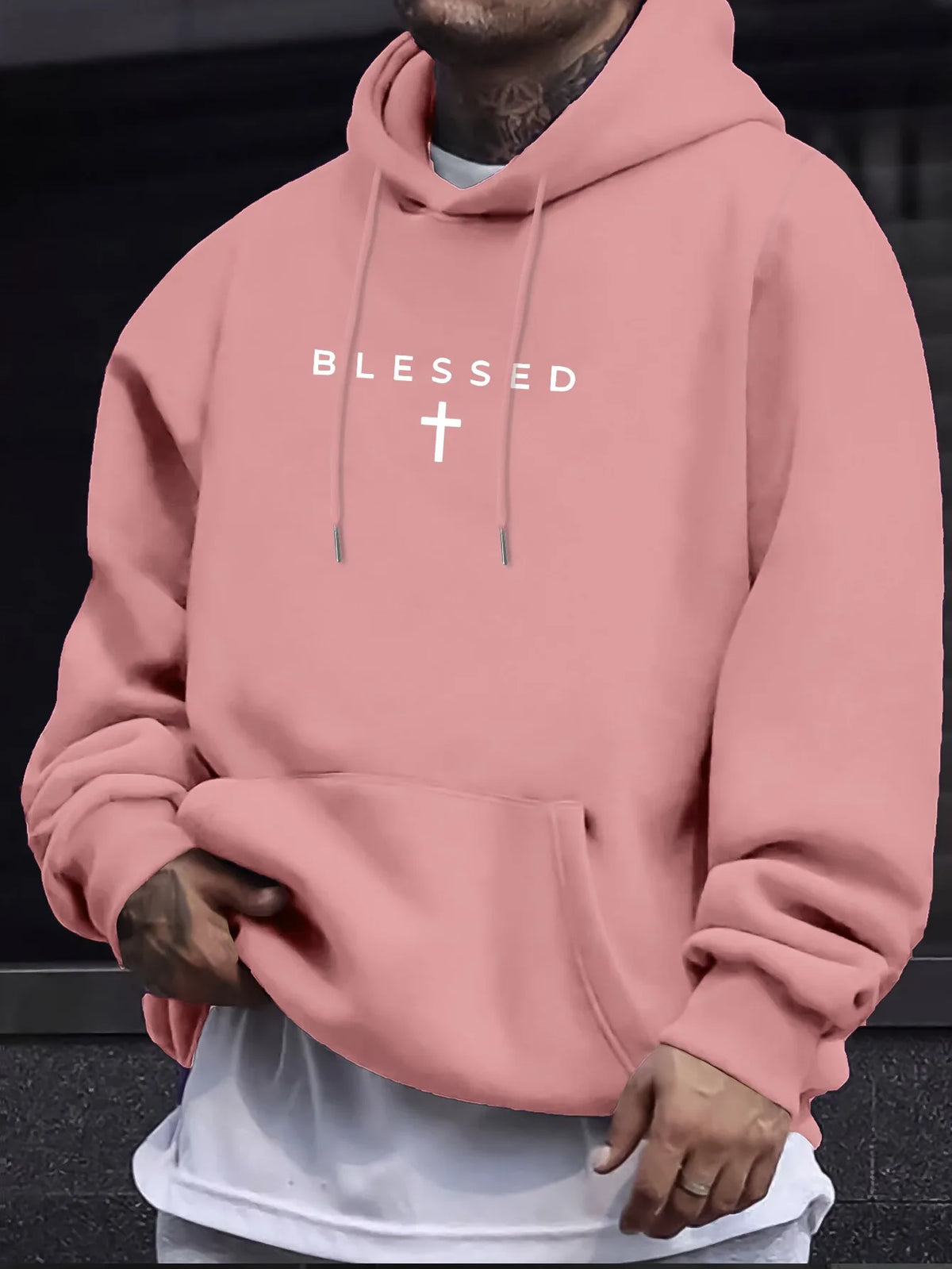 Men's Fall/winter Casual Comfortable Hooded Sweater with Blessing Cross Pattern and Geometric Designs in A Loose Fit.