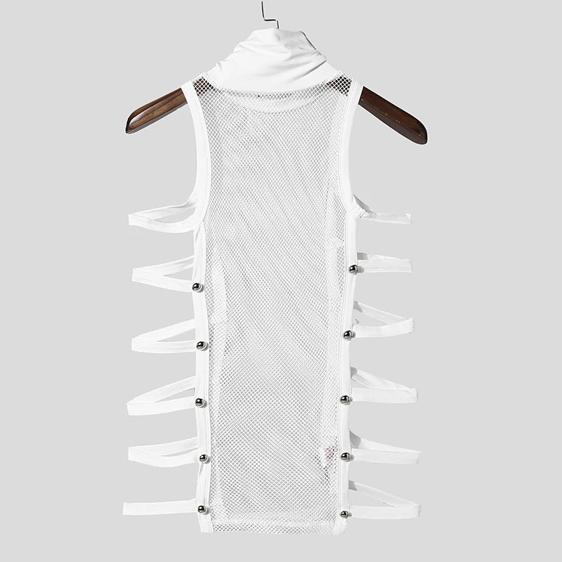 INCERUN Men Tank Tops Mesh Patchwork See Through Turtleneck Sleeveless Male Vests Streetwear Hollow Out Sexy Men Clothing Summer