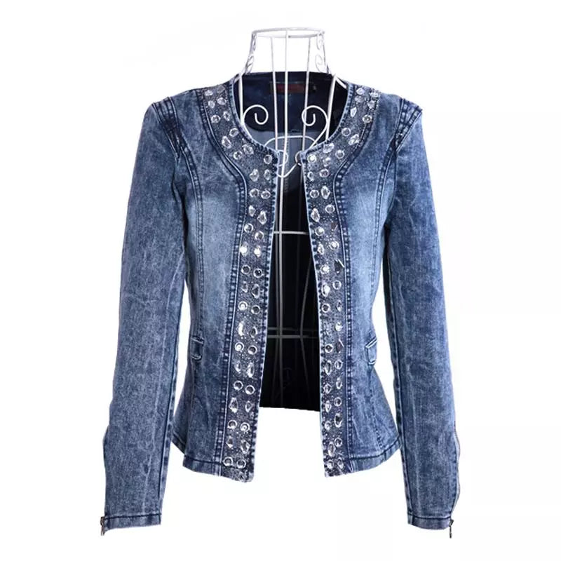 FMFSSOM New Spring Antumn Denim Jackets Vintage Diamonds Casual Coat Women's Denim Jacket Basis Tops Outerwear Jeans