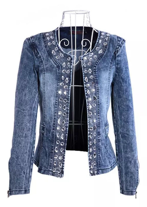 FMFSSOM New Spring Antumn Denim Jackets Vintage Diamonds Casual Coat Women's Denim Jacket Basis Tops Outerwear Jeans