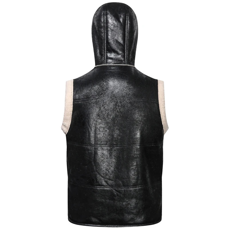 Winter Men's Fleece Warm PU Leather Vests Classical Men Faux Fur Motorcycle Leather Vests Men Windbreaker Hooded Vests Clothing