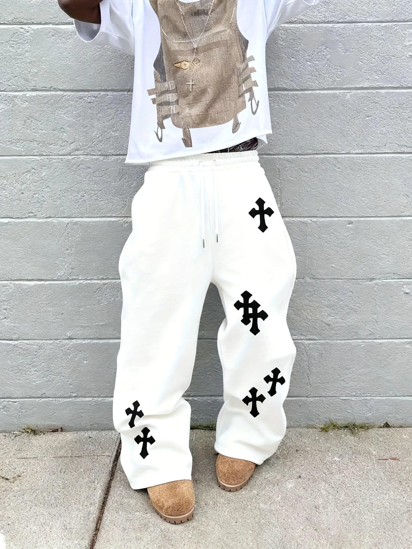 2026 Fashion Men's Black Wide Leg Pants Large White Cross Print Street Hip-Hop Pants Loose Casual Jogging Outdoor Pants Gothic