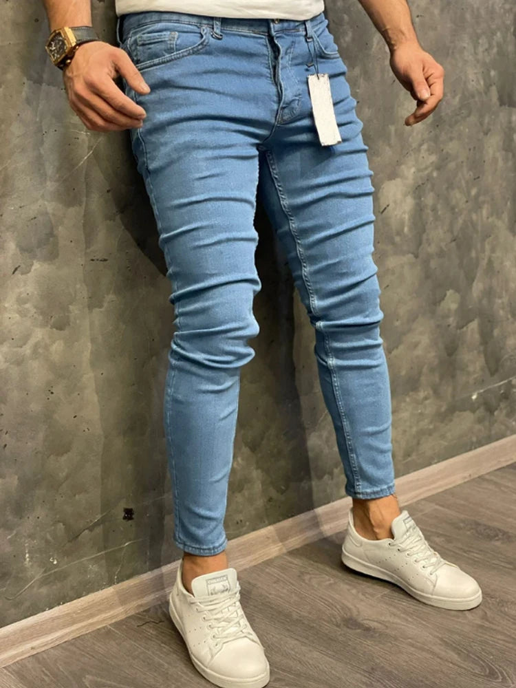 High Quality Fashion European American Classic Solid Washing Denim Pants Casual Men's Stretch Trouser Blue Skinny Jeans Men