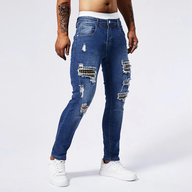 Jeans Ripped Patchwork Men's Blue Elastic Slim Straight Denim Pants Fashion Joggers Biker Trousers Hip Hop Rock Streetwear