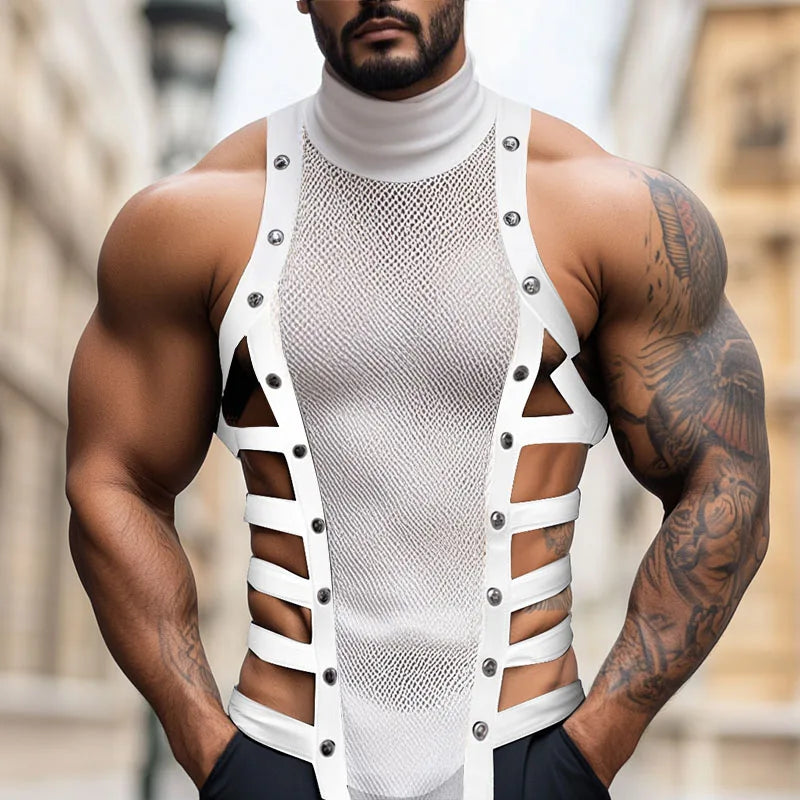 INCERUN Men Tank Tops Mesh Patchwork See Through Turtleneck Sleeveless Male Vests Streetwear Hollow Out Sexy Men Clothing Summer