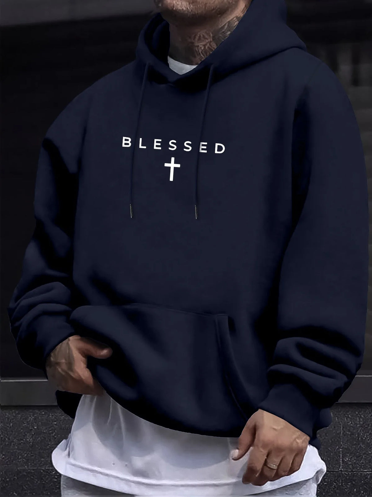 Men's Fall/winter Casual Comfortable Hooded Sweater with Blessing Cross Pattern and Geometric Designs in A Loose Fit.