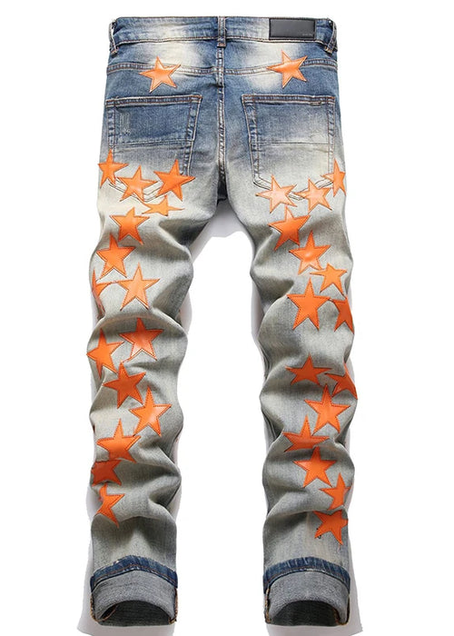 2023 Autumn New Fashion Men High Street Orange Star Embroidery Patch Jeans Men's Slim Fit Full Sky Star Denim Pants Jeans