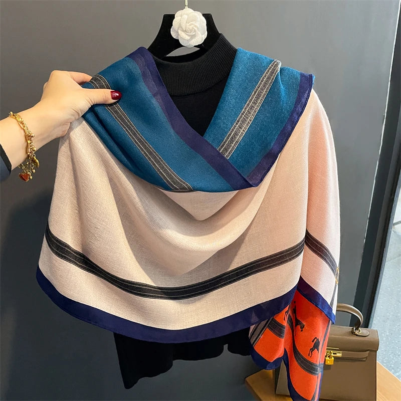 Luxury Brand 2023 Winter Women Scarf Beach Horse Shawl Cotton Lady Fashion Chain Scarves Bandana Pashmina Wrap Hijab Muffler