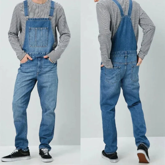 Men Street Denim Suspenders Pants 2025 Straight Long Jeans Male Splicing Pockets Denim Trousers Vintage Washed Overalls Jumpsuit