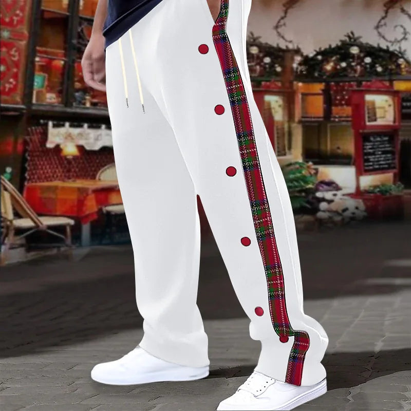 American New Men's Sports Pants Spring and Autumn Breasted Plaid Stitching Design Casual Pants Loose Straight Men's Sweatpants