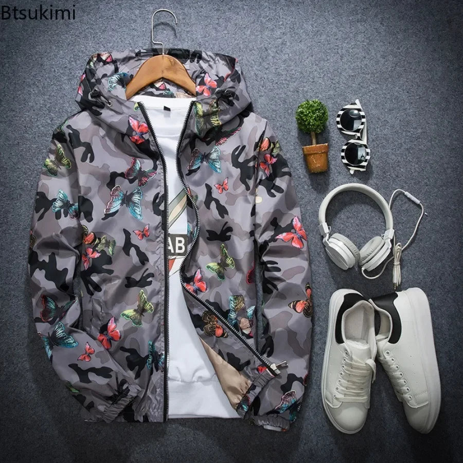 2025 Spring New Men's Camouflage Hooded Jacket Fashion Butterfly Print Loose Casual Coat Men Hood Windproof Outerwear Young Teen