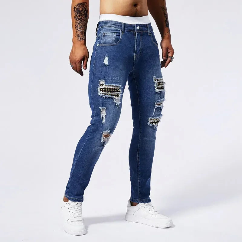 Jeans Ripped Patchwork Men's Blue Elastic Slim Straight Denim Pants Fashion Joggers Biker Trousers Hip Hop Rock Streetwear