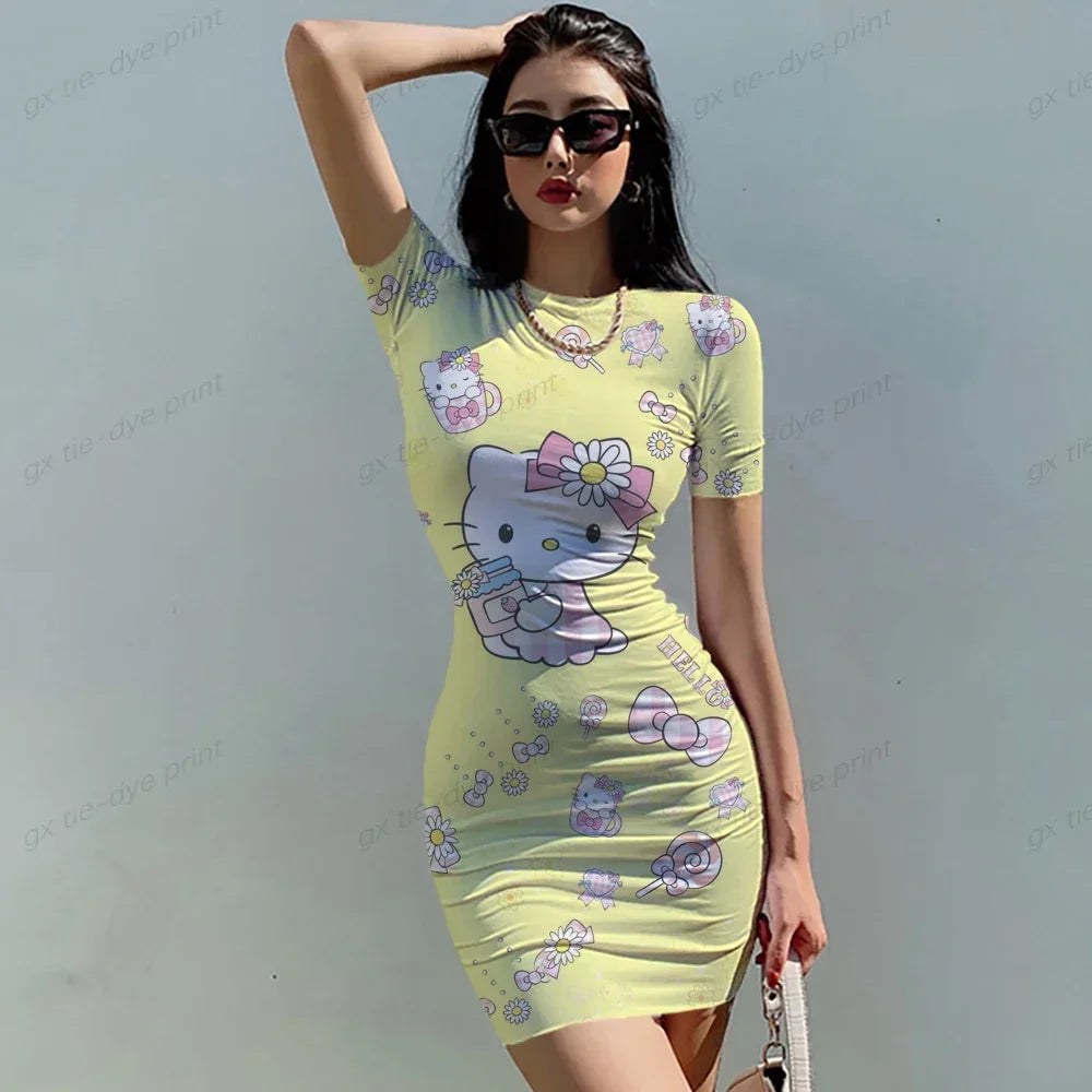 Summer Women's New Korean Temperament HELLO KITTY Print Dress Section Short-sleeved Waist Tight Sexy Bag Hip Dress