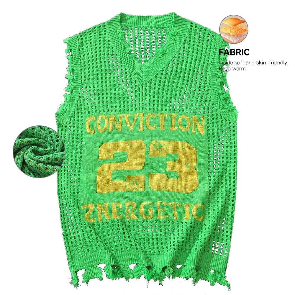 Men's Knitted Vest Autumn Fashion Number Mesh Vest Casual Sleeveless Business Breathable Woolen Knit Top US Size