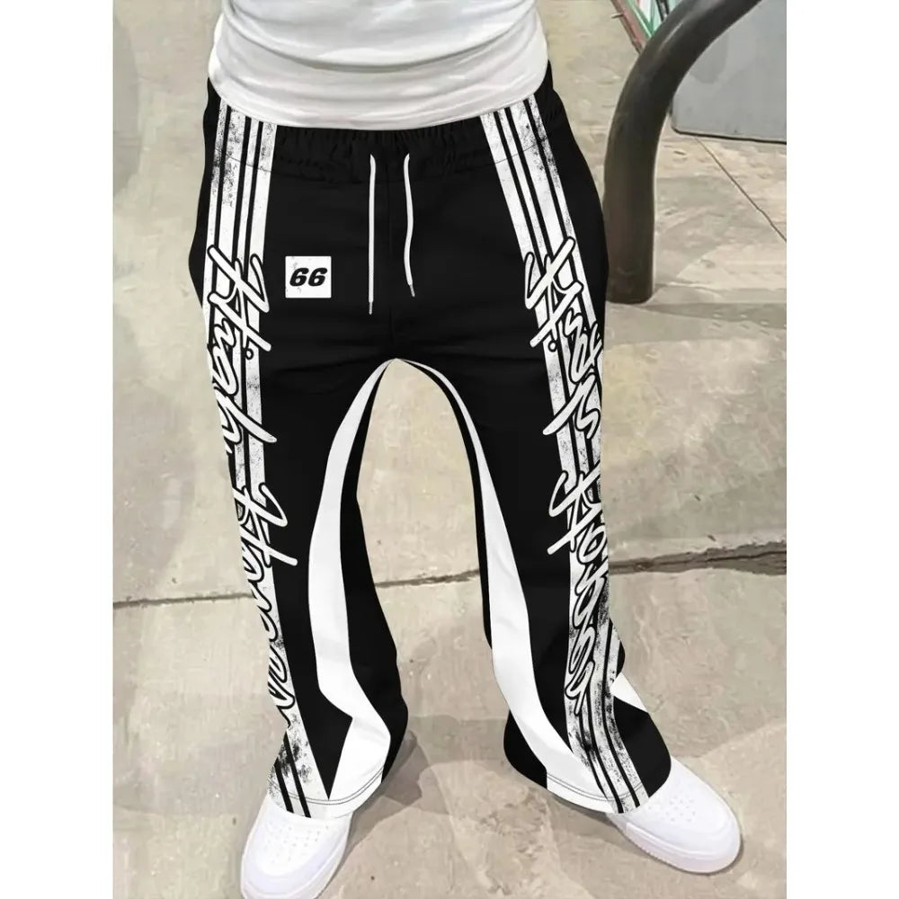 Men's Casual Street Style Trendy Cross Print Fashionable Slightly Flared Black and White Color-Block Design Sweatpants Men Pants