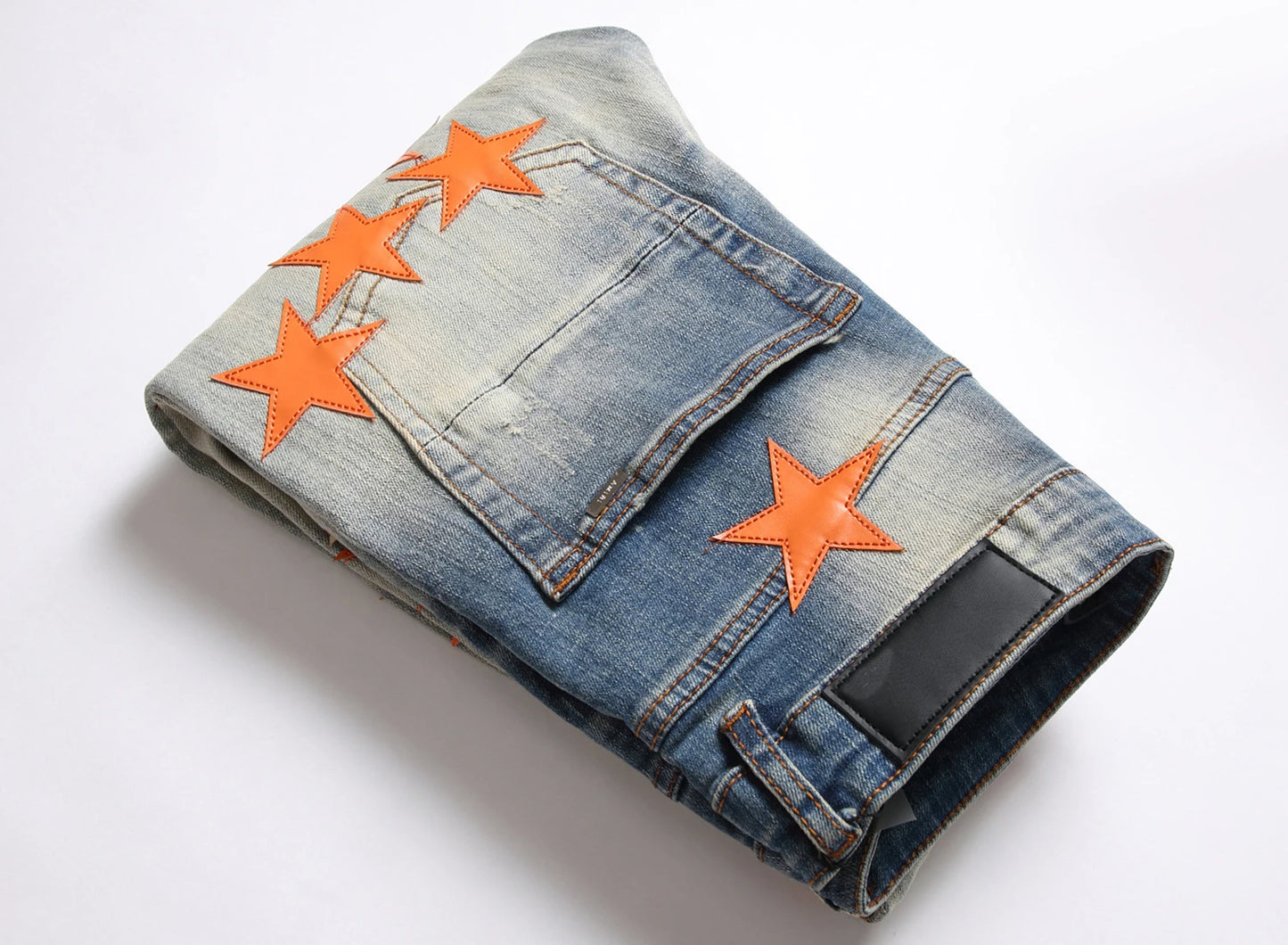 2023 Autumn New Fashion Men High Street Orange Star Embroidery Patch Jeans Men's Slim Fit Full Sky Star Denim Pants Jeans