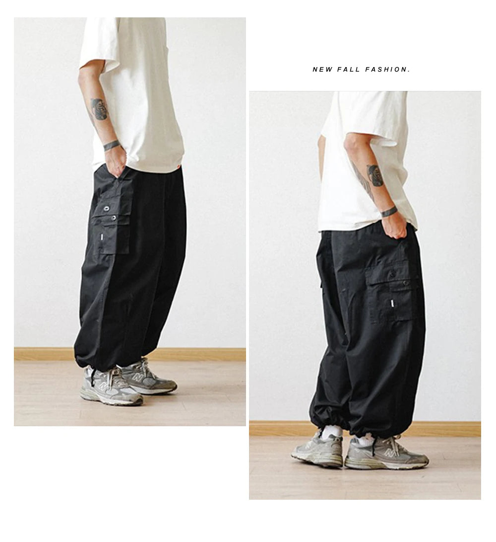 Multi-Pocket Oversized Cargo Pants Mens Casual Solid Thin Baggy Wide Leg Ankle Trousers Man Jogger Pants Harem Lantern Pants