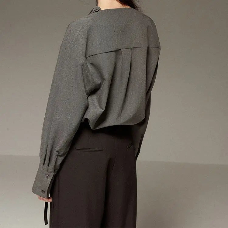 Premium gray drape shirt retro loose collar design long sleeve shirt bottoming shirt women's spring large size tide