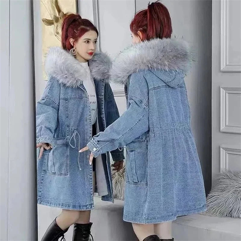 Women's Jeans Coat 2023 New Winter Coats Thick Wool Denim Jacket Korea Loose Hooded Fur Collar Long Clothes Outerwear Female