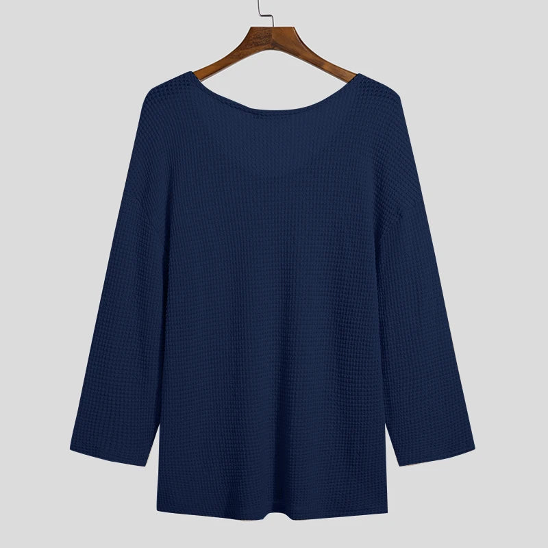 INCERUN Men T Shirt Solid Color Knitted V Neck Long Sleeve Casual Men Clothing Streetwear 2023 Hollow Out Loose Camisetas S-5XL