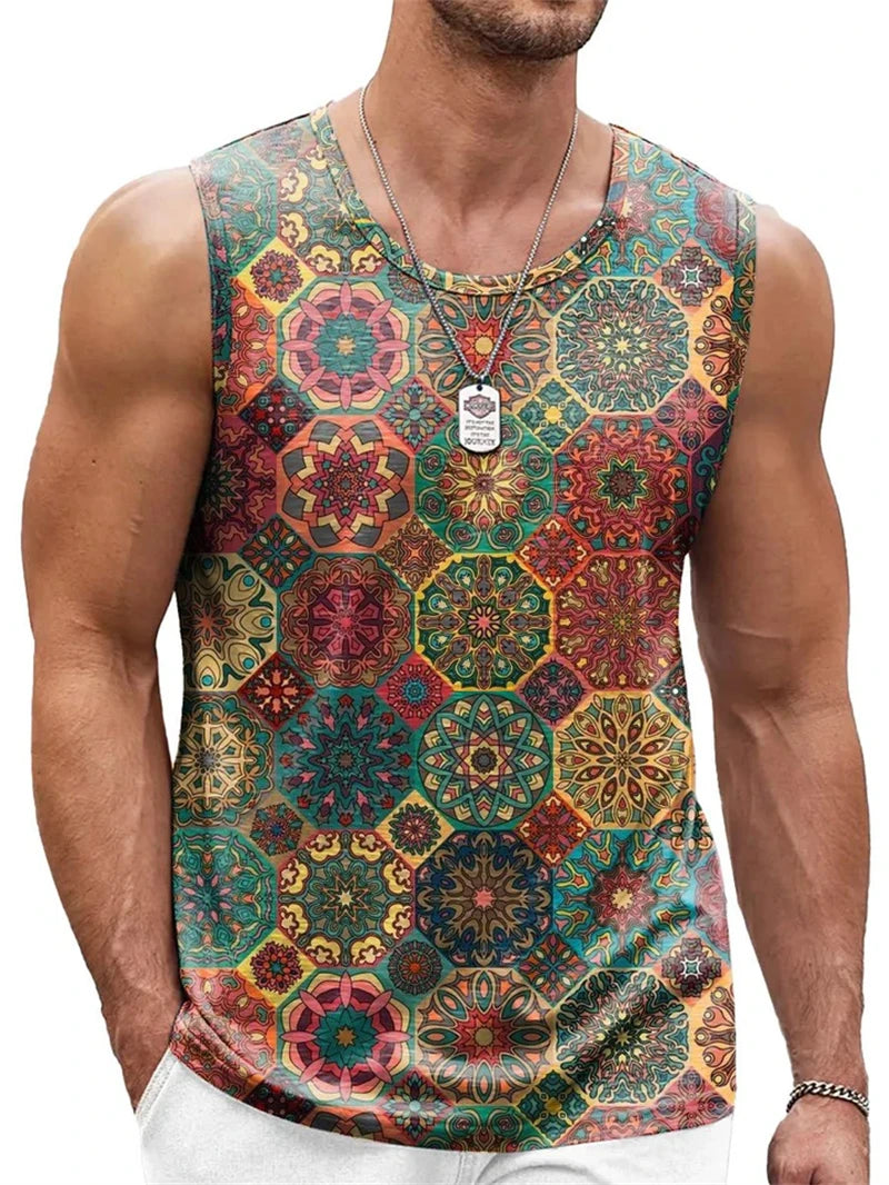 Mens Retro Ethnic Graphic Tank Tops Summer Casual Crew Neck 3D Printed Sleeveless Vest Fashion Breathable Sports Tees Tops