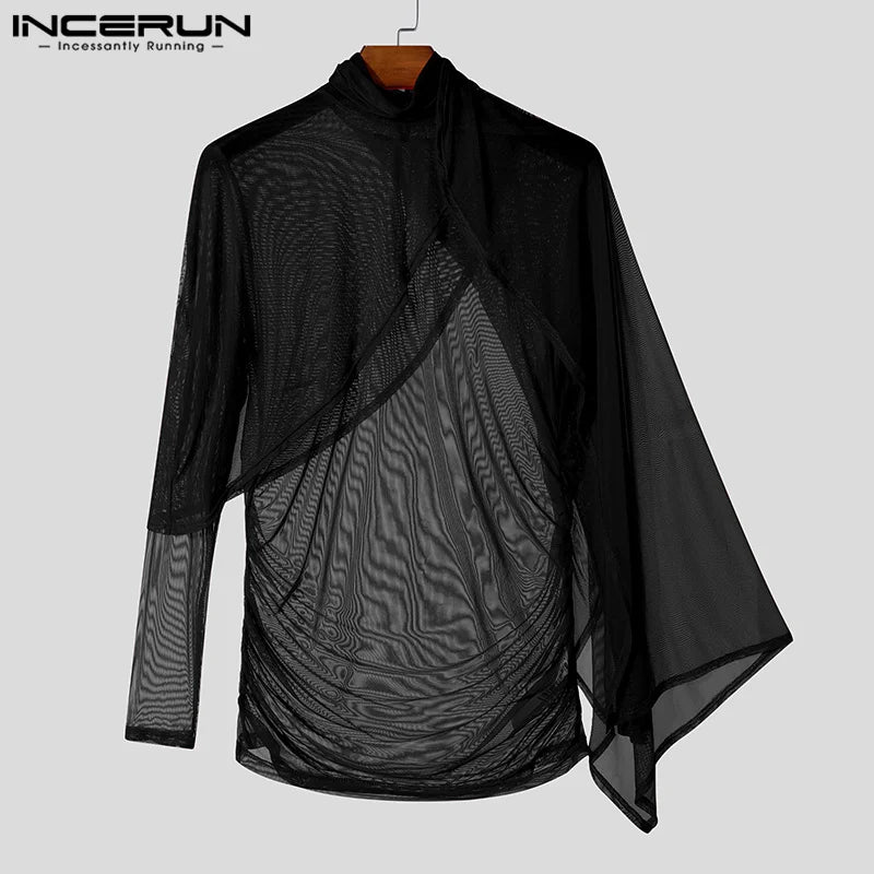 INCERUN Men See Through Solid Color Knitted T-Shirts Long Sleeve High Collar Camiseta Ruffled Edge Sexy Elegant Tops Fashion Top