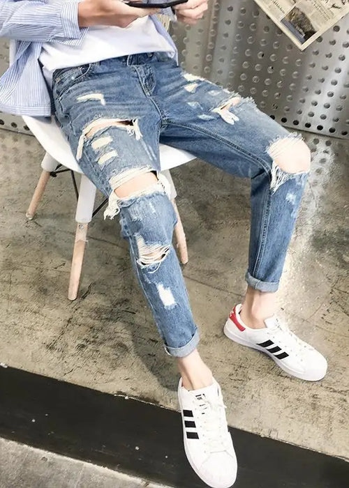 Retro Ripped Men's Jeans With Holes Tapered Slim Fit Trousers Korean Fashion Torn Broken Luxury Soft Loose Xs Man Cowboy Pants