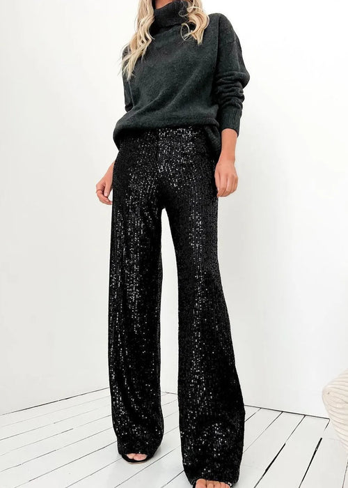 Women's Elegant Silk Sequins Pants, Midi Waist, Loose Long Pants, Classic Trousers, Female Clothing, Fashion, Streetwear, 2023