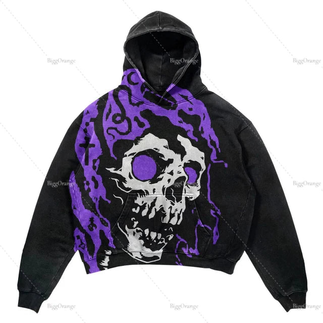 Outerwear Harajuku Casual Gothic Hooded Skull Print Hoodie Men's Retro Elastic Long Sleeve Loose Jacket Sweatshirt Y2K Streetwea