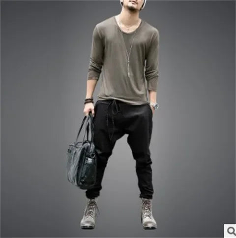 European and American Youth Tapered Cropped Pants for Men Fashionable with Laces Loose and Casual Low-rise Tapered Cropped Pants