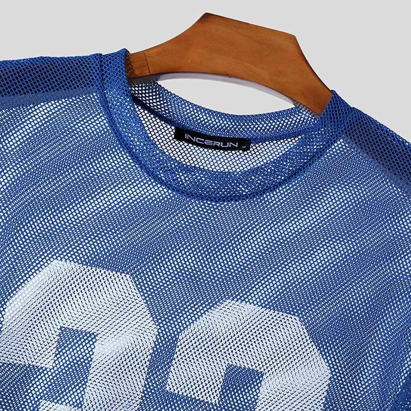 INCERUN Men T Shirt Mesh Transparent Printing O-neck Short Sleeve Sexy Men Clothing Streetwear Summer 2024 Fashion Male Tee Tops