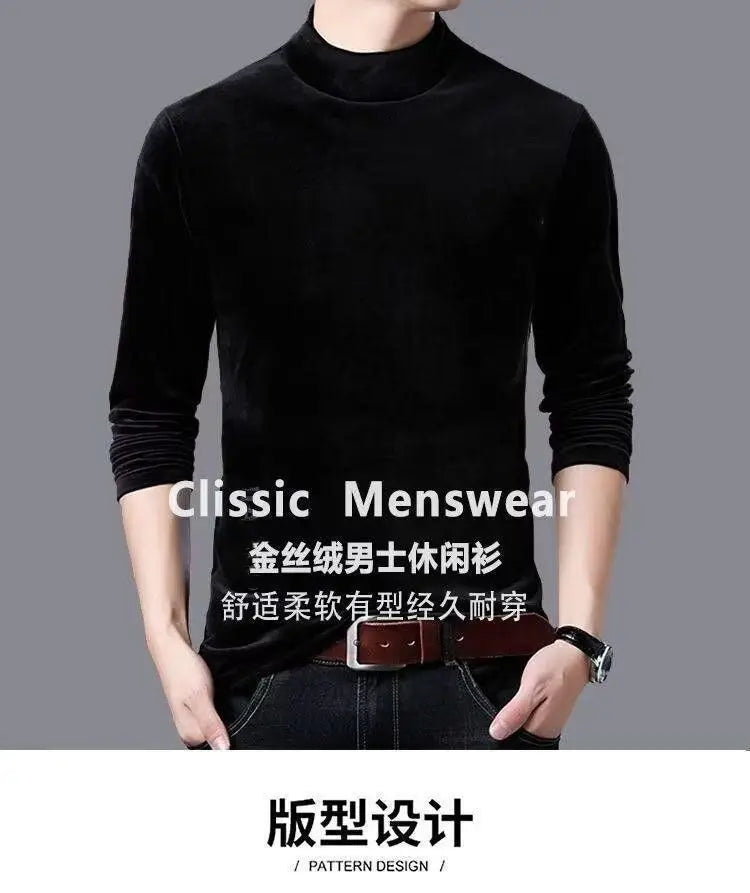 Men's Sweatshirt Velvet Half Turtleneck Sweater Autumn Winter Printed Long-sleeved Top Versatile