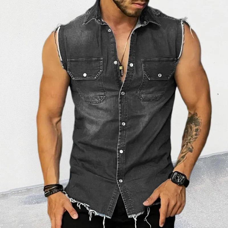 Fashion Street Style Lapel Splicing Pocket Tops Men's Sleeveless Single-breasted Cardigan T-Shirt Male Urban Trend Casual Tees 2