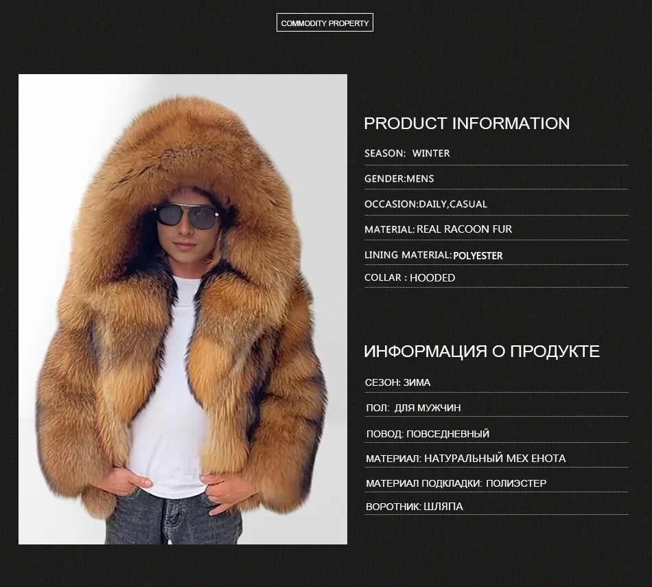 Men's Raccoon Fur Coat With Hood Natural Full Skin Raccoon Fur Jacket Genuine Leather Jacket High Quality  Real Fur Coat Long