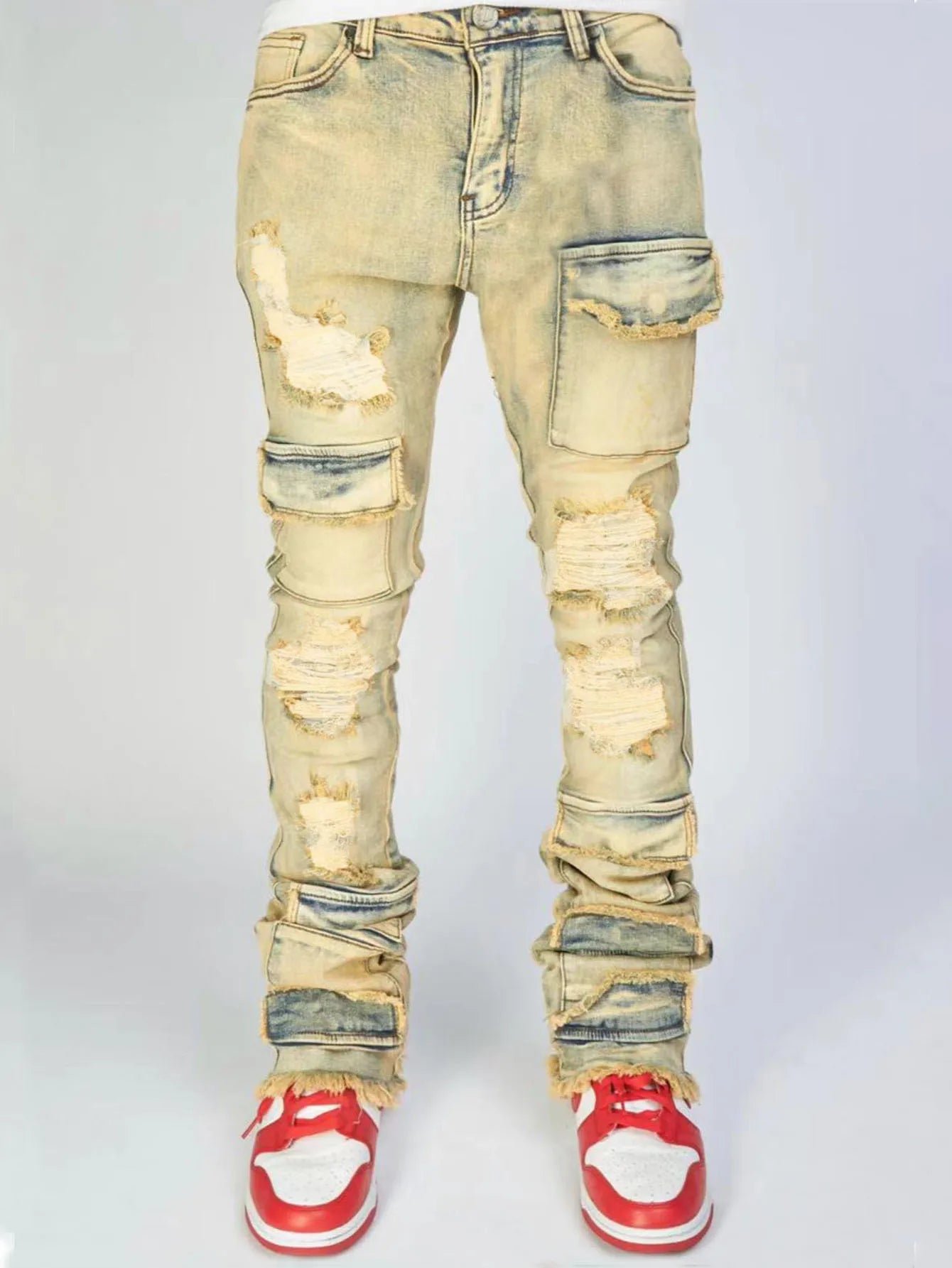 Men Jeans Long Pant Denim Flare Pants Hole Straight Trousers Slim Fit High Waist Casual Button Pocket Splice Autumn Winter