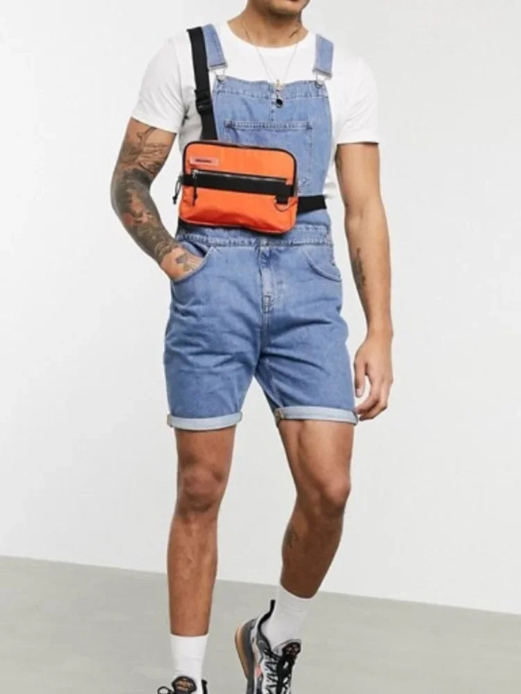 Men Summer Short Jeans Overalls Washed Denim Pencil One Piece Pockets Spliced Ripped Vintage Suspenders Casual Jumpsuits 2025