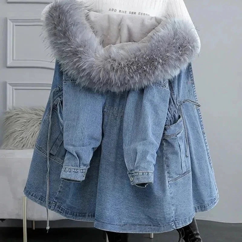 Women's Jeans Coat 2023 New Winter Coats Thick Wool Denim Jacket Korea Loose Hooded Fur Collar Long Clothes Outerwear Female